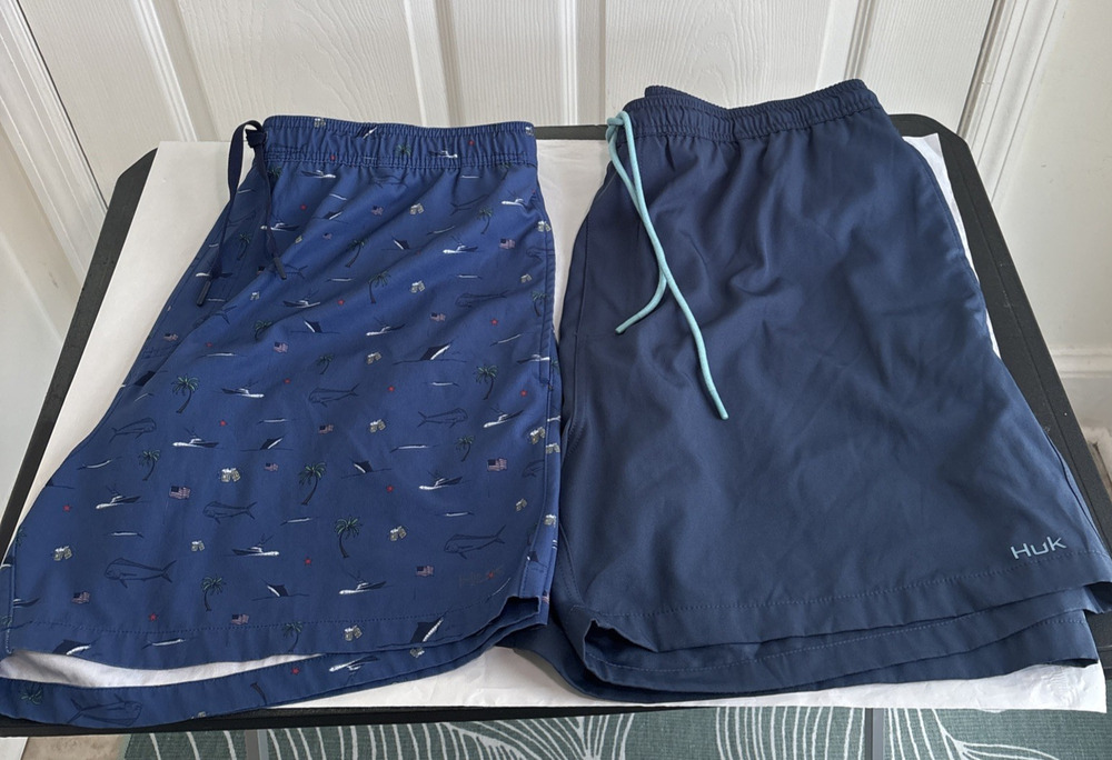 HUK Men's Swim Trunks XXL lot of 2 Solid and Ocean Beer Fish & Palm Trees Blue